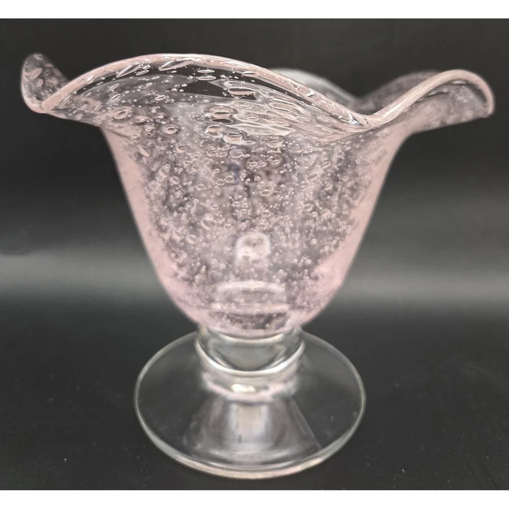 Vintage Pink Vase. Hand Blown Many Fun Bubbles Ruffled Rim
